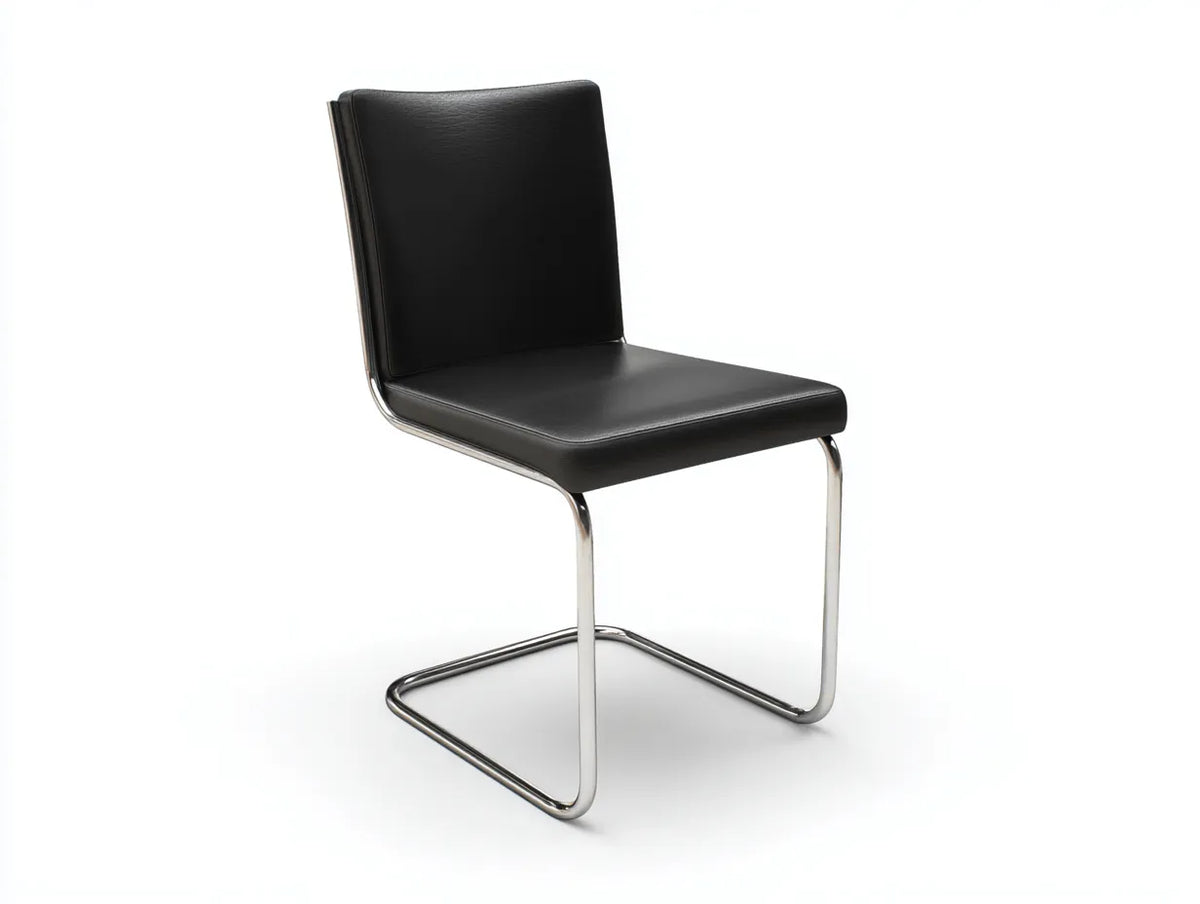 Esszimmerstuhl mit Lederoptik und Stahl 48×56×89 cm – Schwarz Silber – moderner Freischwinger
