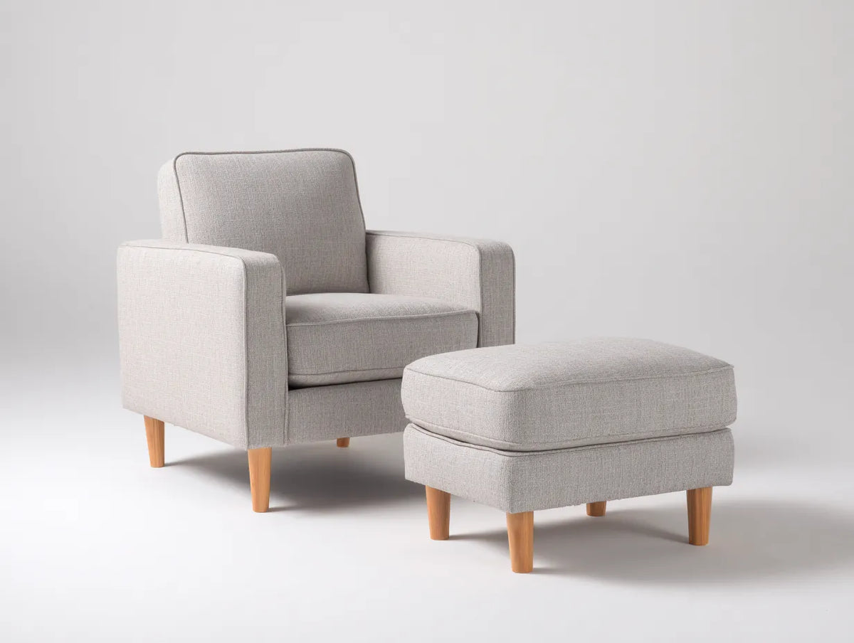 Sessel mit Hocker 80×84×92 cm Stoff Beige/Holz - klassisch modernes Komfortset für Wohnzimmer