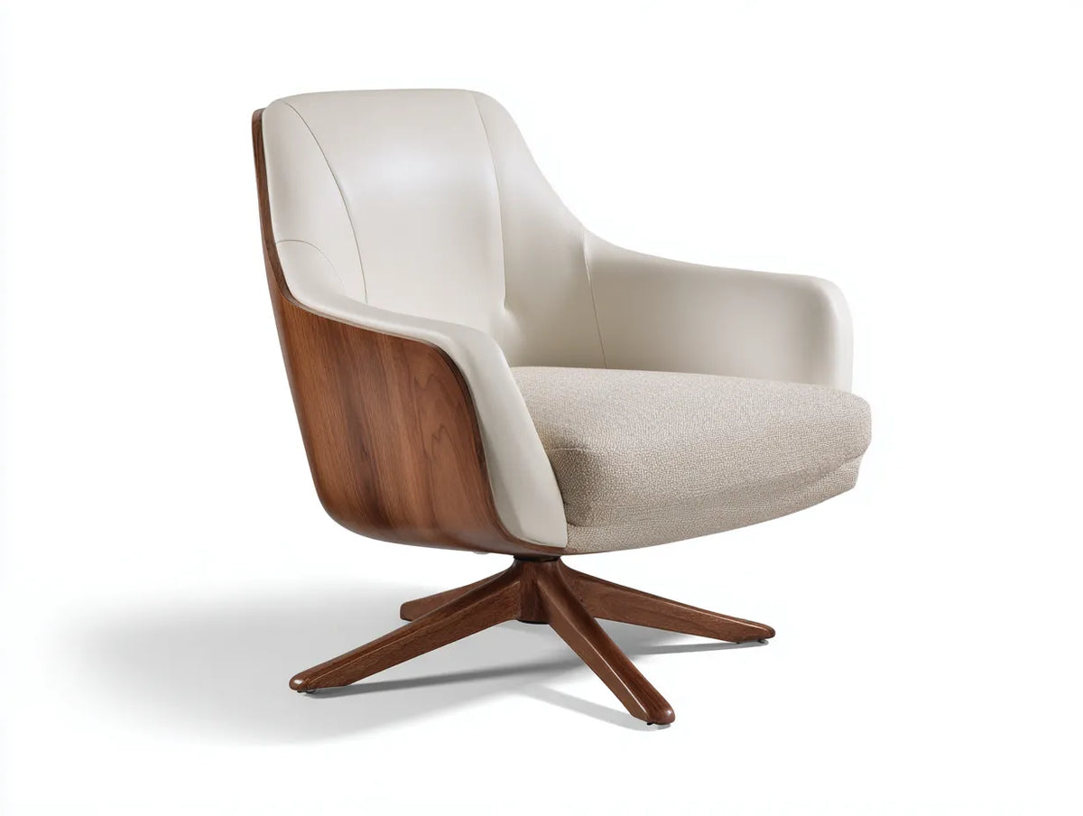 Drehsessel mit Holzschale 82×80×86 cm – Creme Braun – organische Linienführung