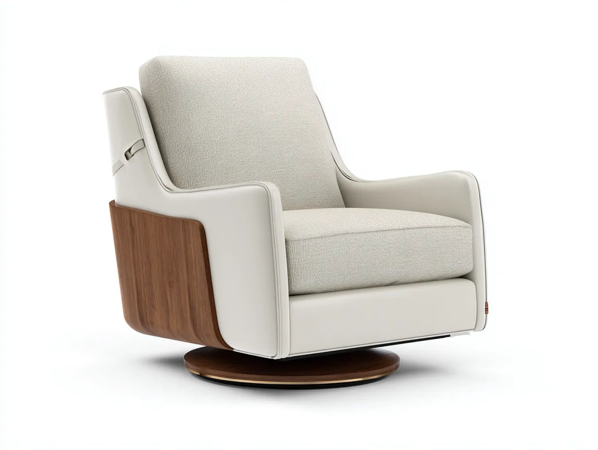 Drehsessel aus Webstoff und Holz 86×84×88 cm – Beige Braun – gepolsterte Schalenform